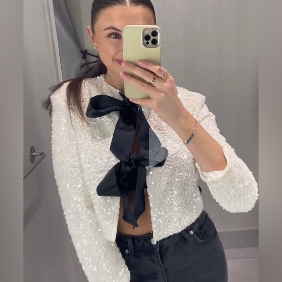 H&M Jackets & Blazers - Like new sequins white with black bow jacket